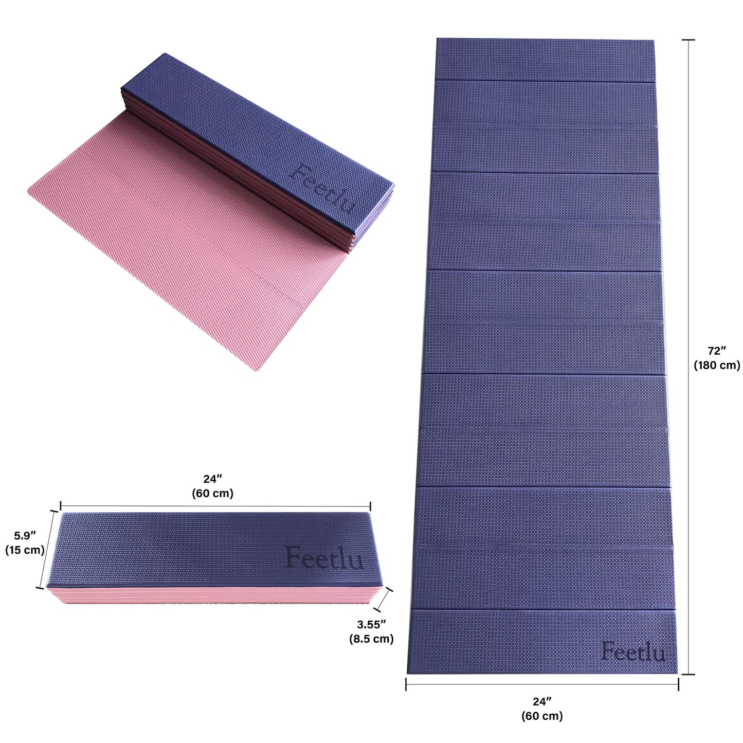 Foldable Exercise Yoga Mat 6mm (1/4") - Dark Blue/Pink