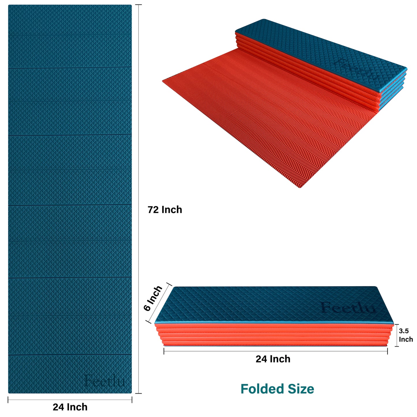 Foldable Exercise Yoga Mat 6mm (1/4") - Teal/Orange
