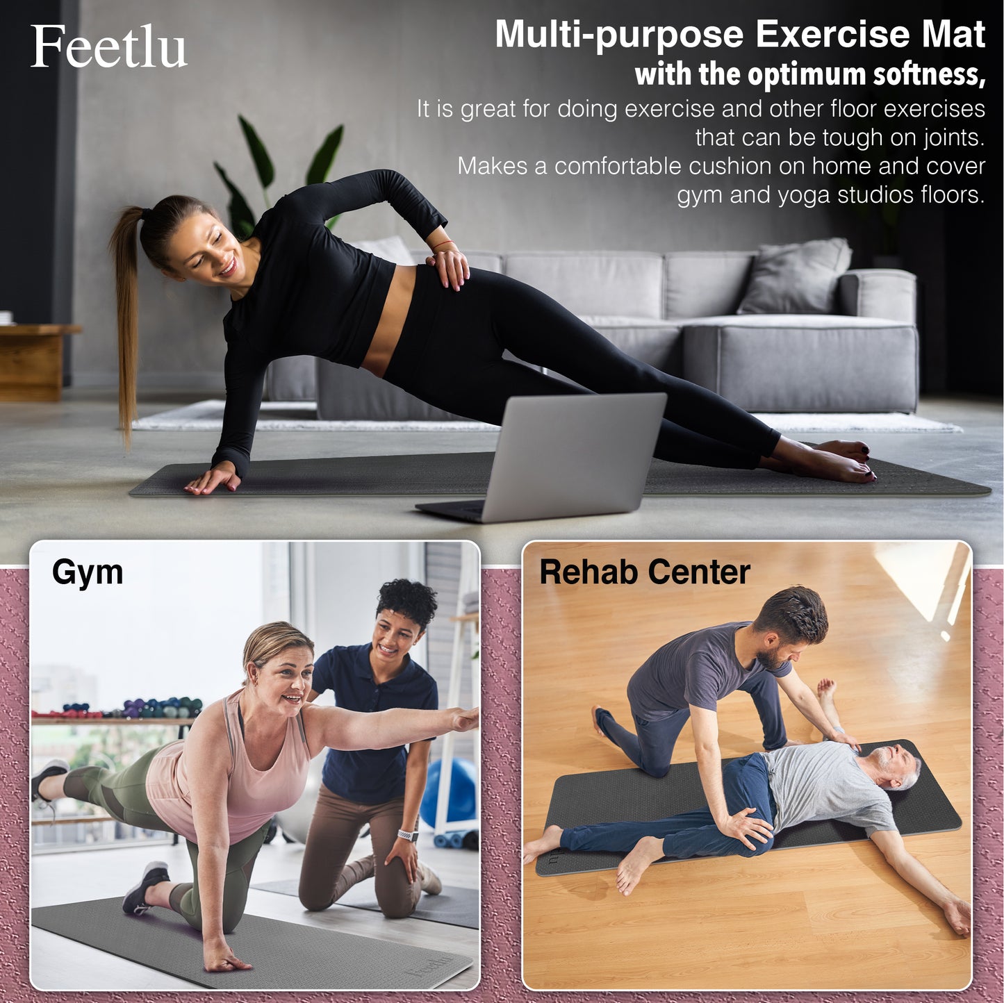 Thick Yoga Mat 10mm (2/5")-Black/Gray