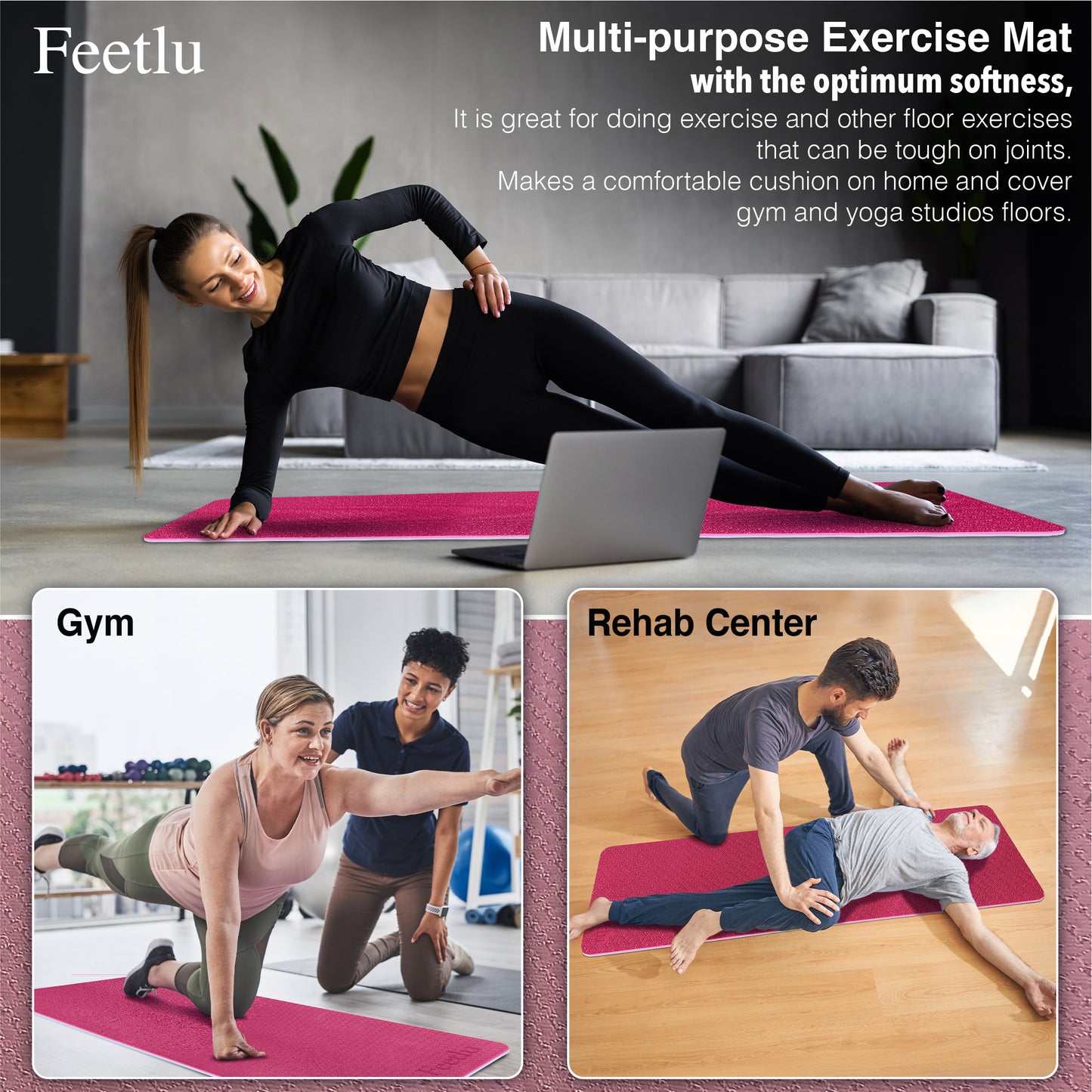 Thick Yoga Mat 10mm (2/5")-Pink/Gray
