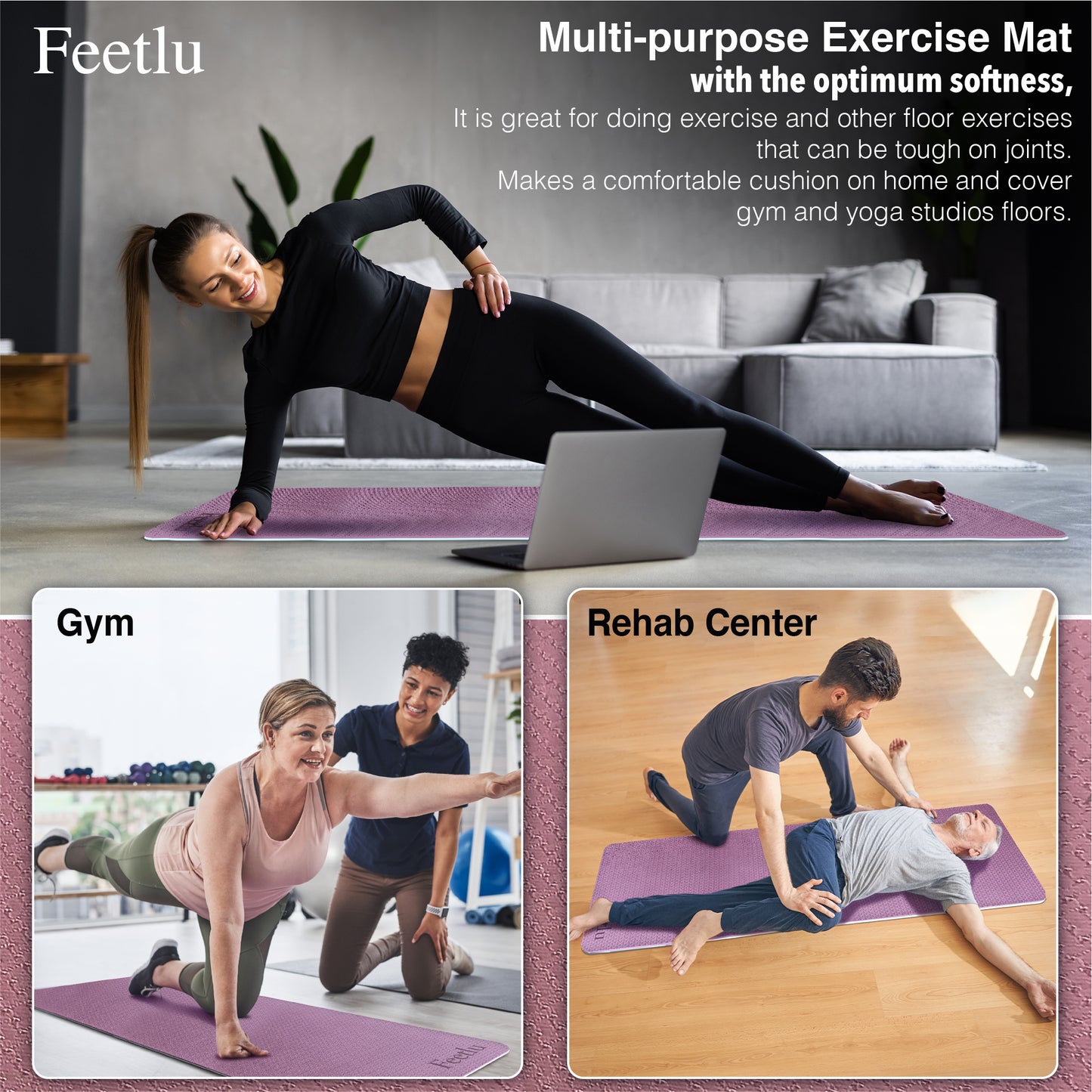 Thick Yoga Mat 10mm (2/5")-Dark Purple/Blue Gray
