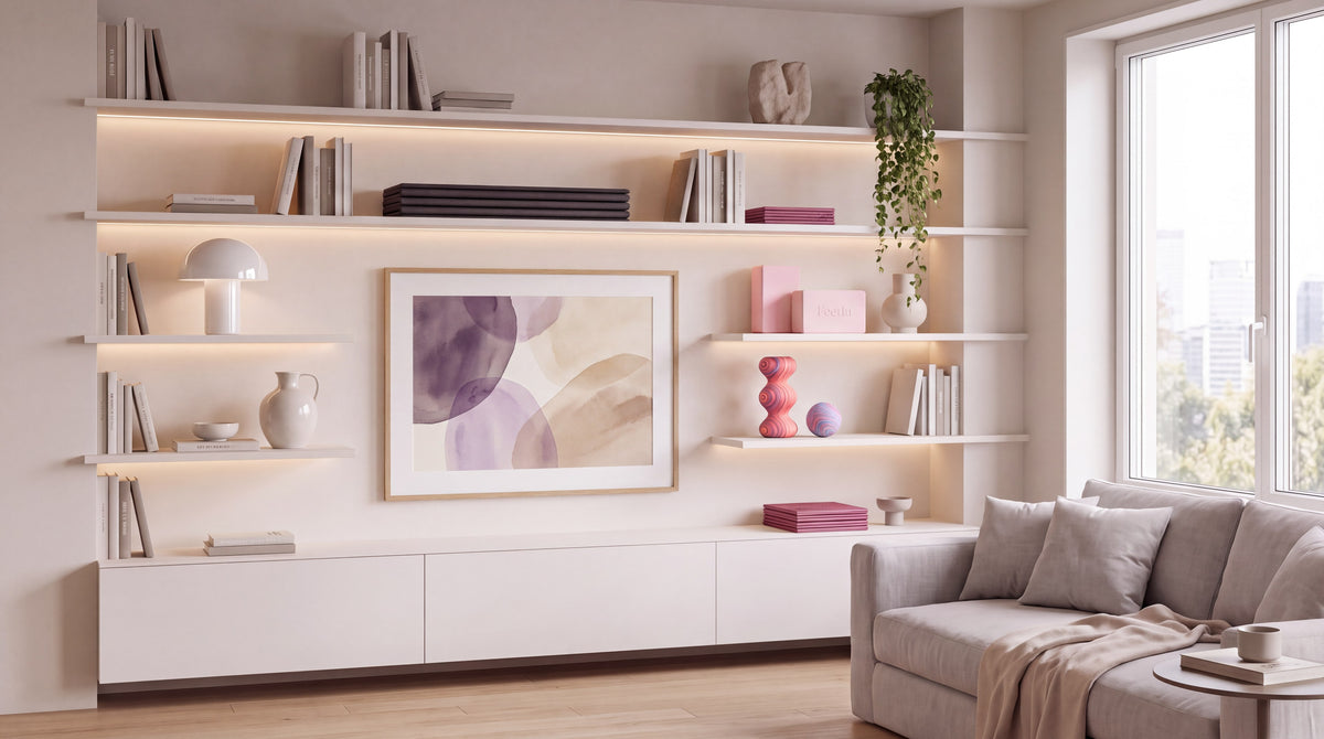 Feetlu mats styled on living-room shelves